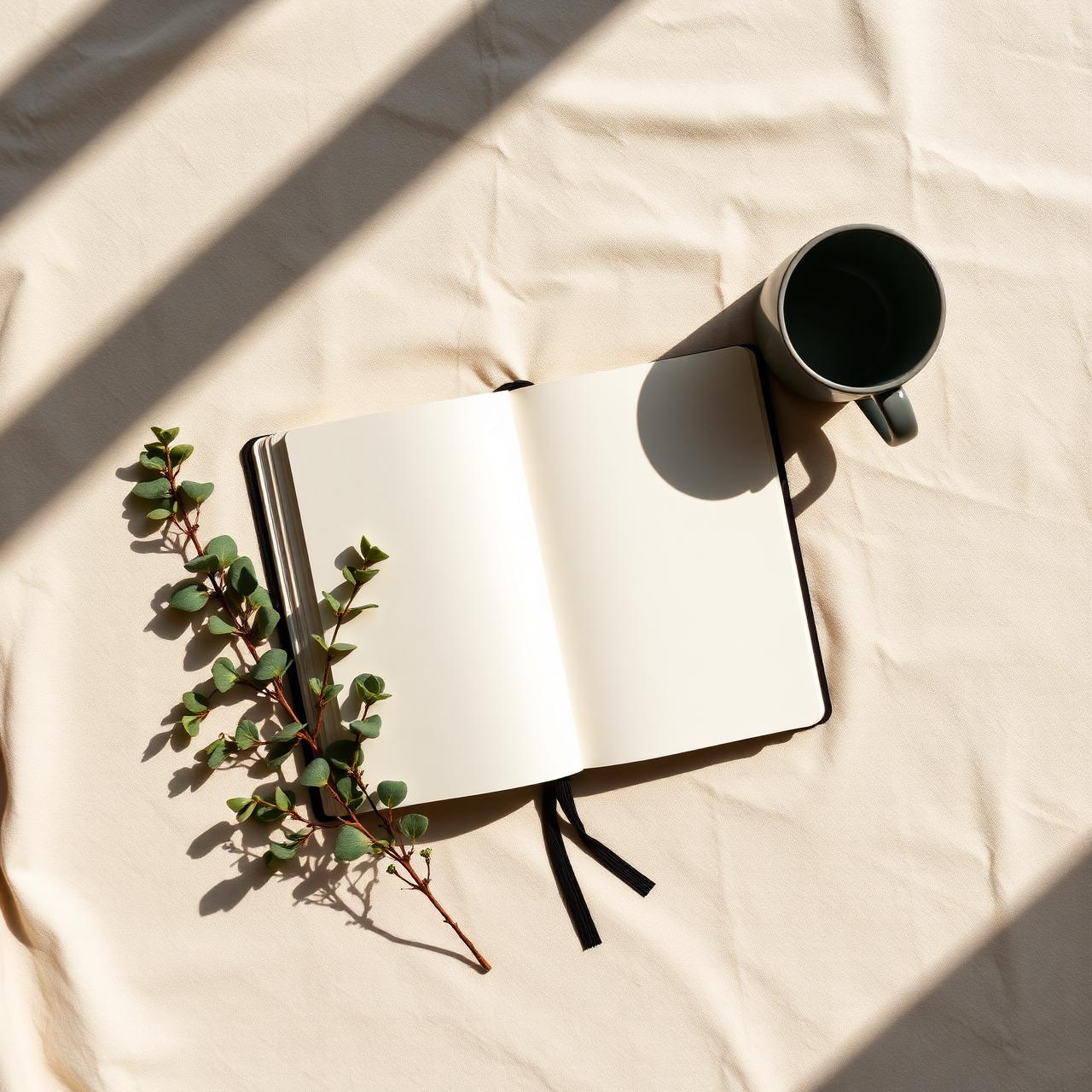 The workbook resting on linen with a sprig of eucalyptus and a warm mug